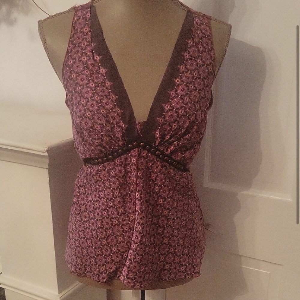 Rozae Nichols silk v-neck sleeveless tie back top pink dark brown size S